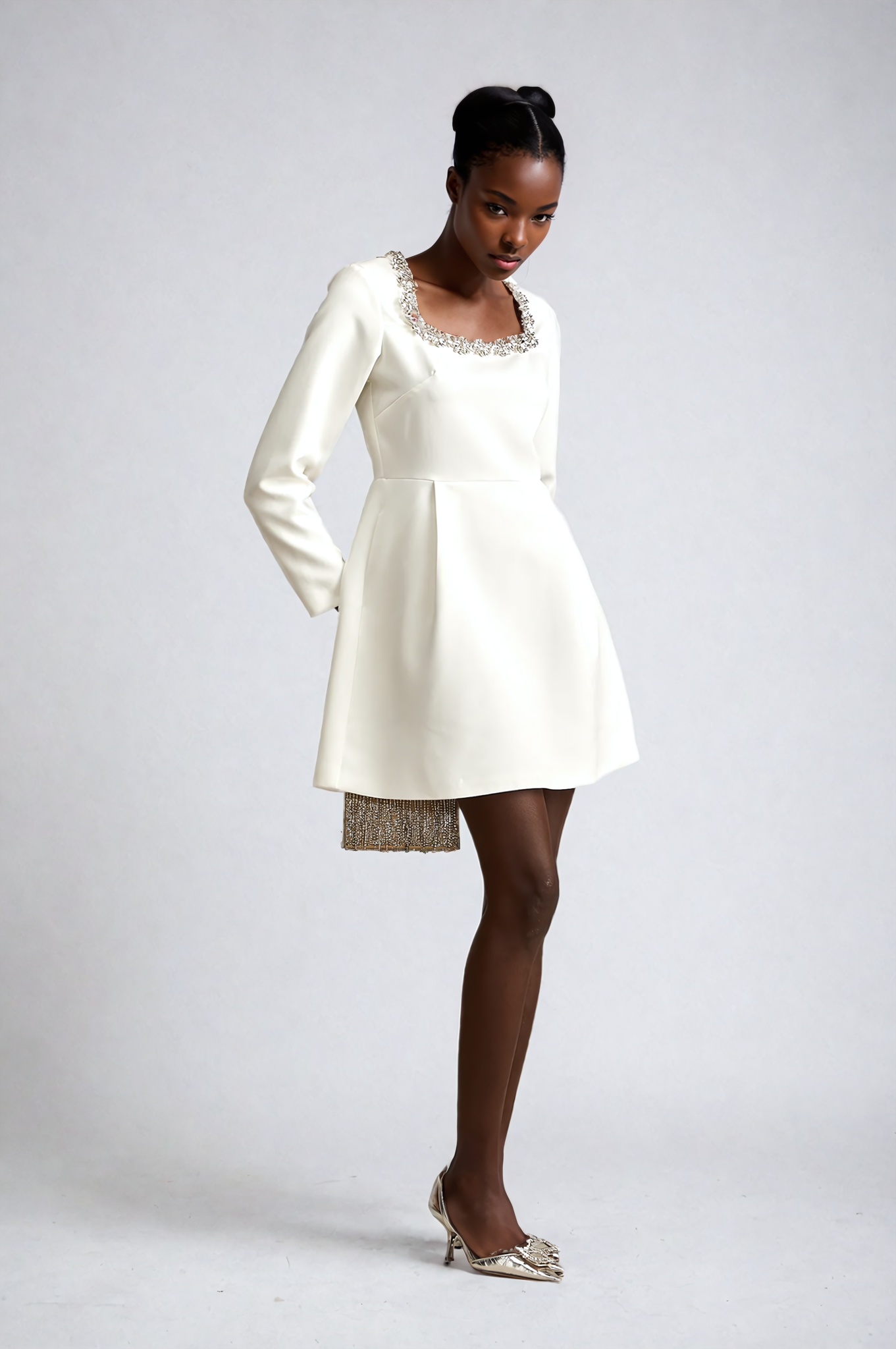 White Crystal-Embellished A-Line Mini Dress