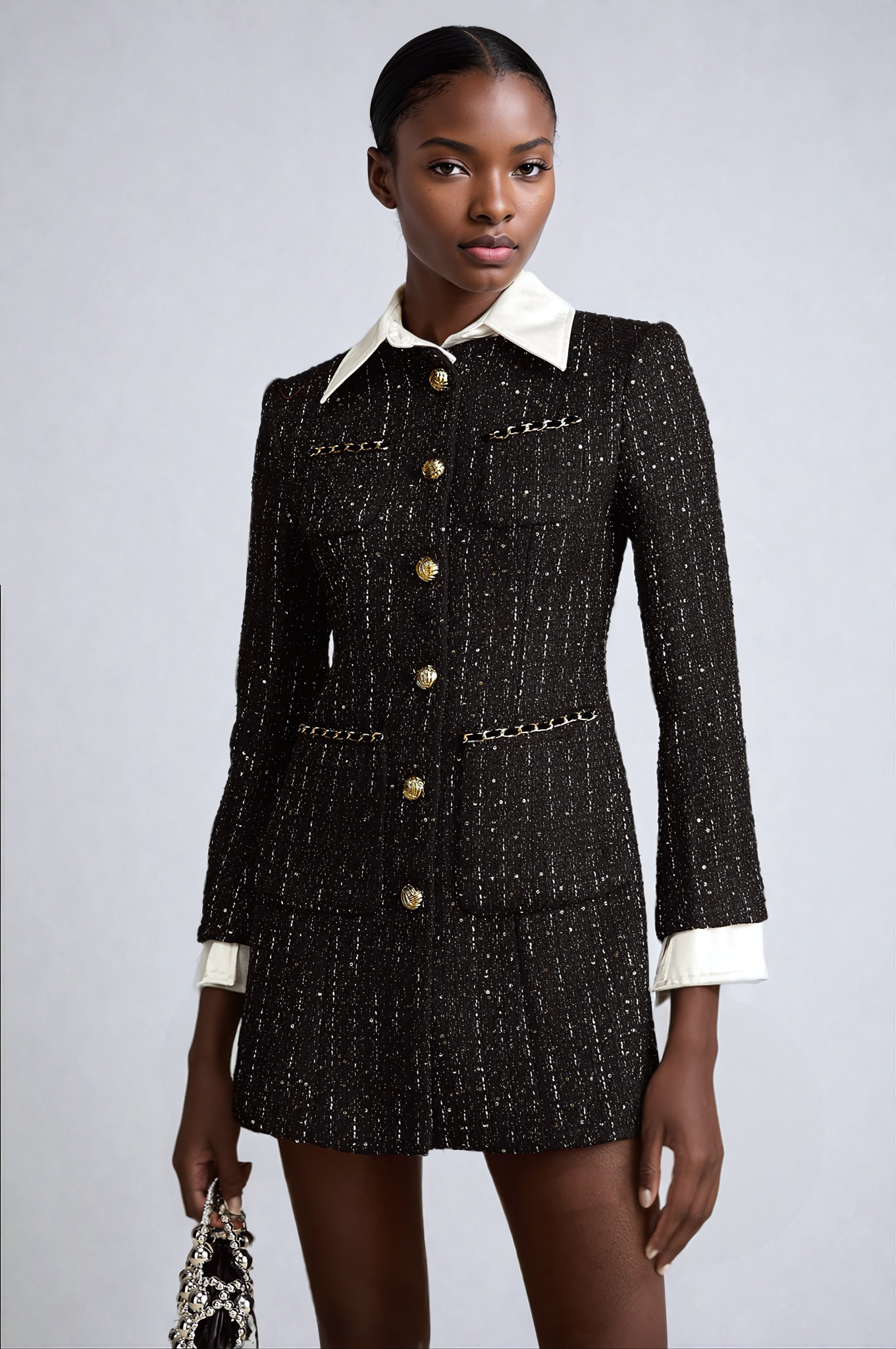 Black Sequined Panelled Tweed Mini Dress