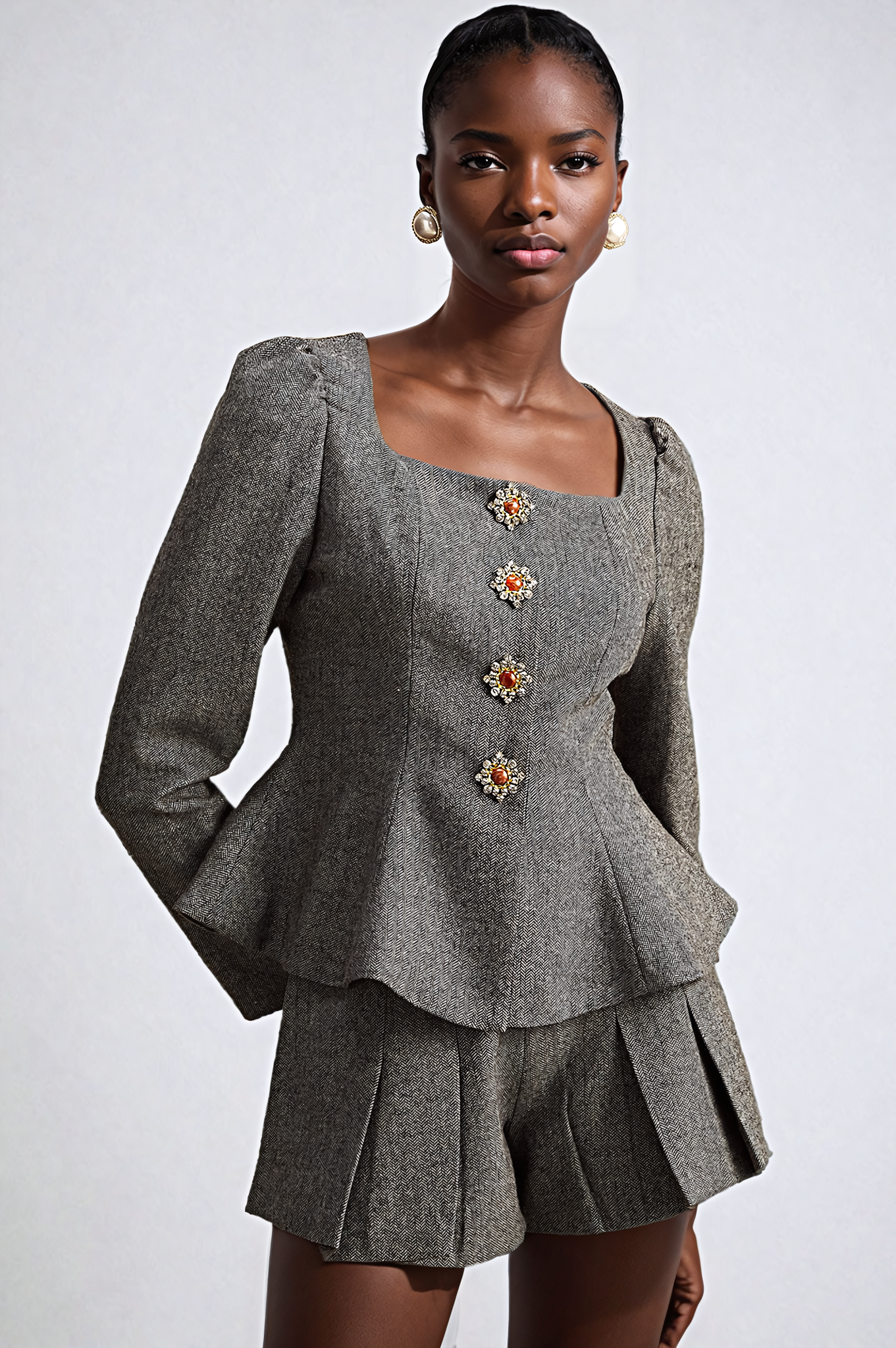 Gray Tweed Set with Embroidered Details