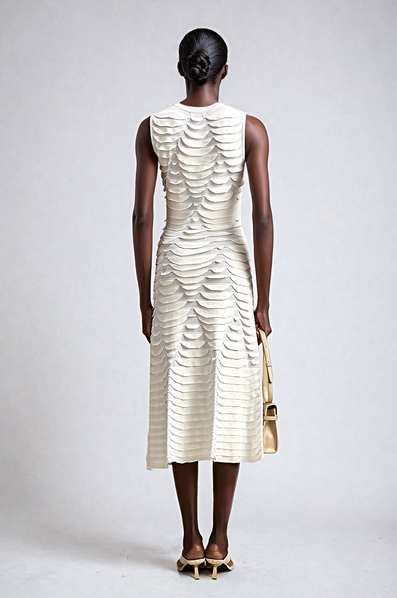 White Snake-Pattern Godet Midi Dress