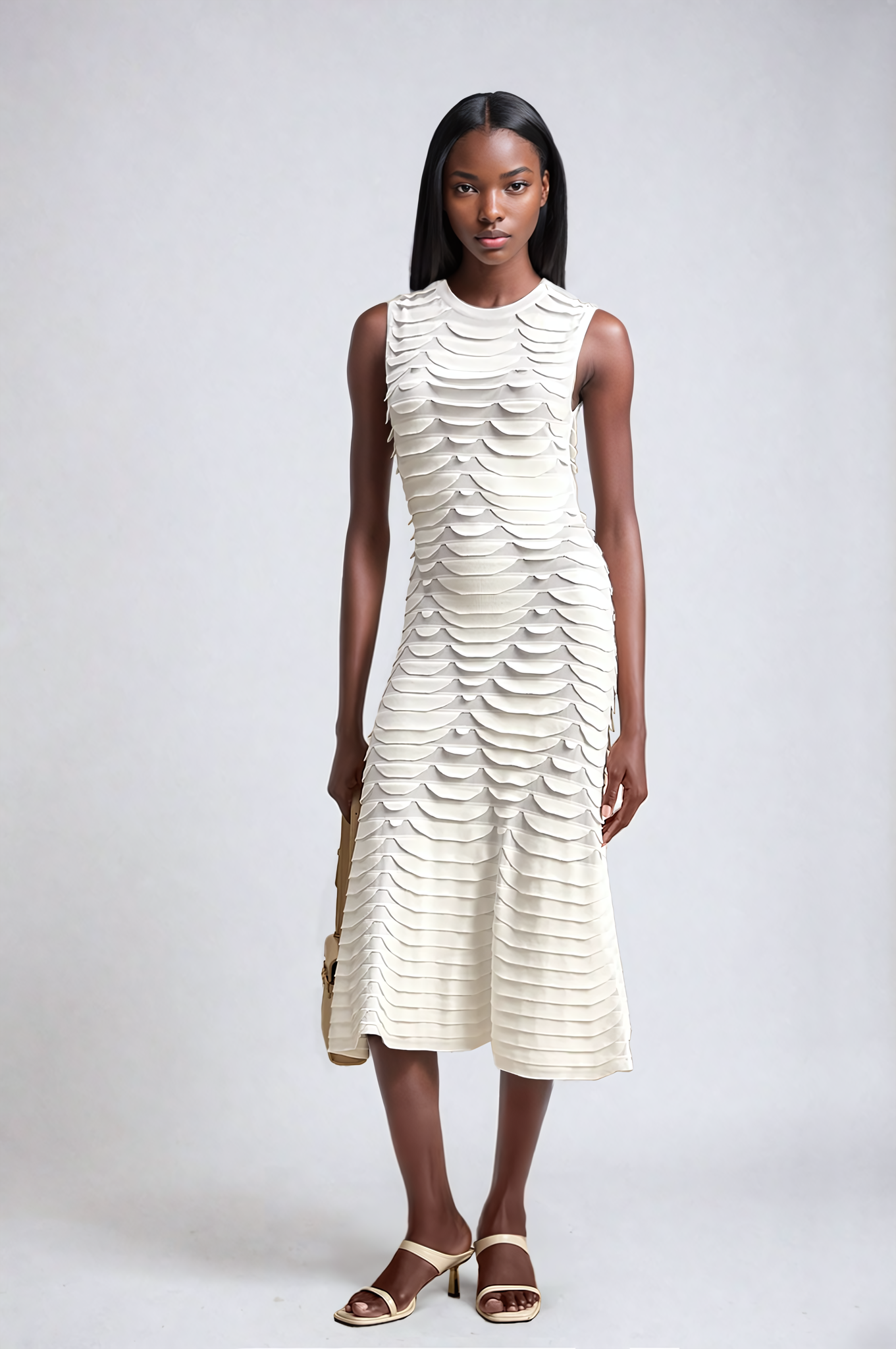 White Snake-Pattern Godet Midi Dress