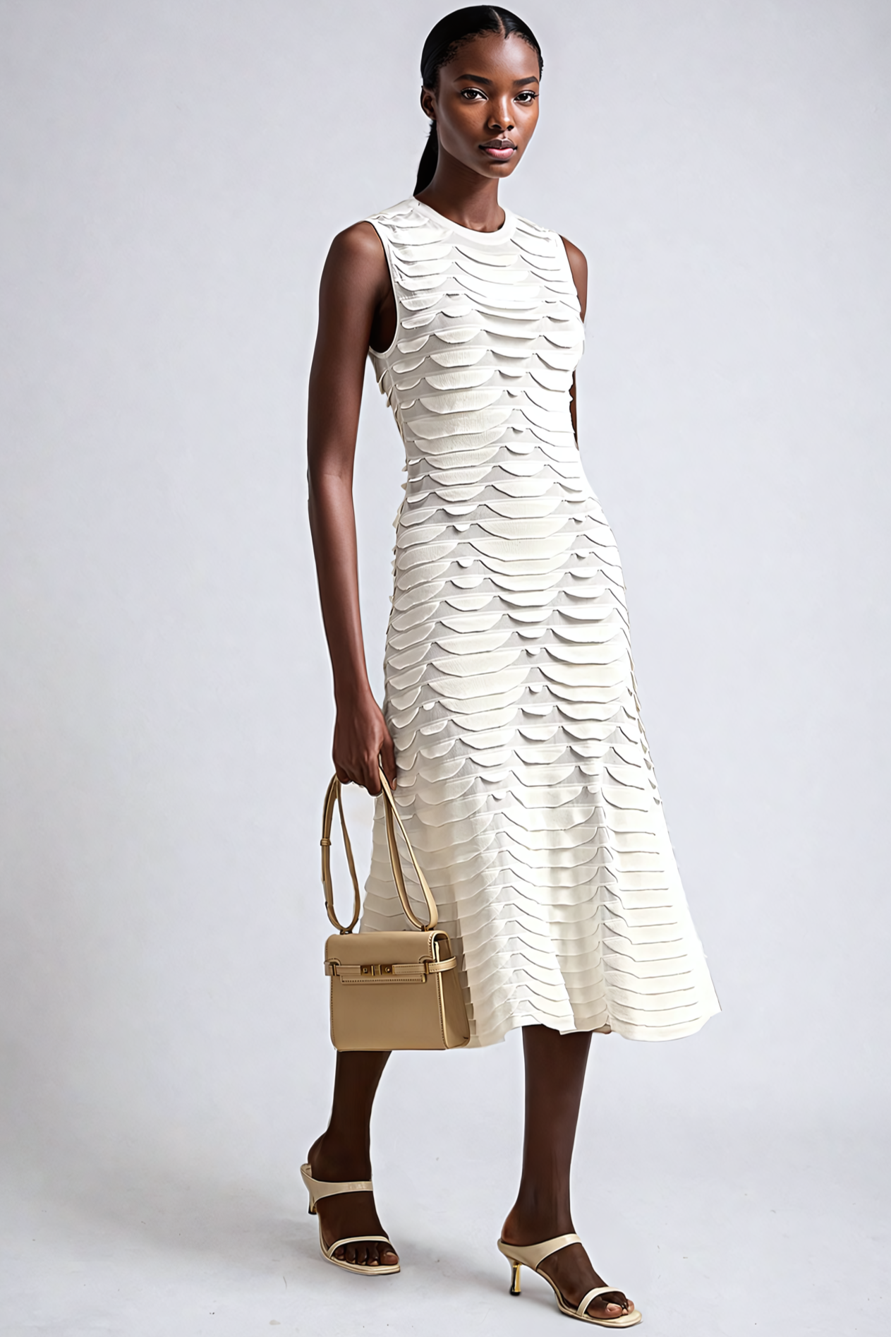 White Snake-Pattern Godet Midi Dress