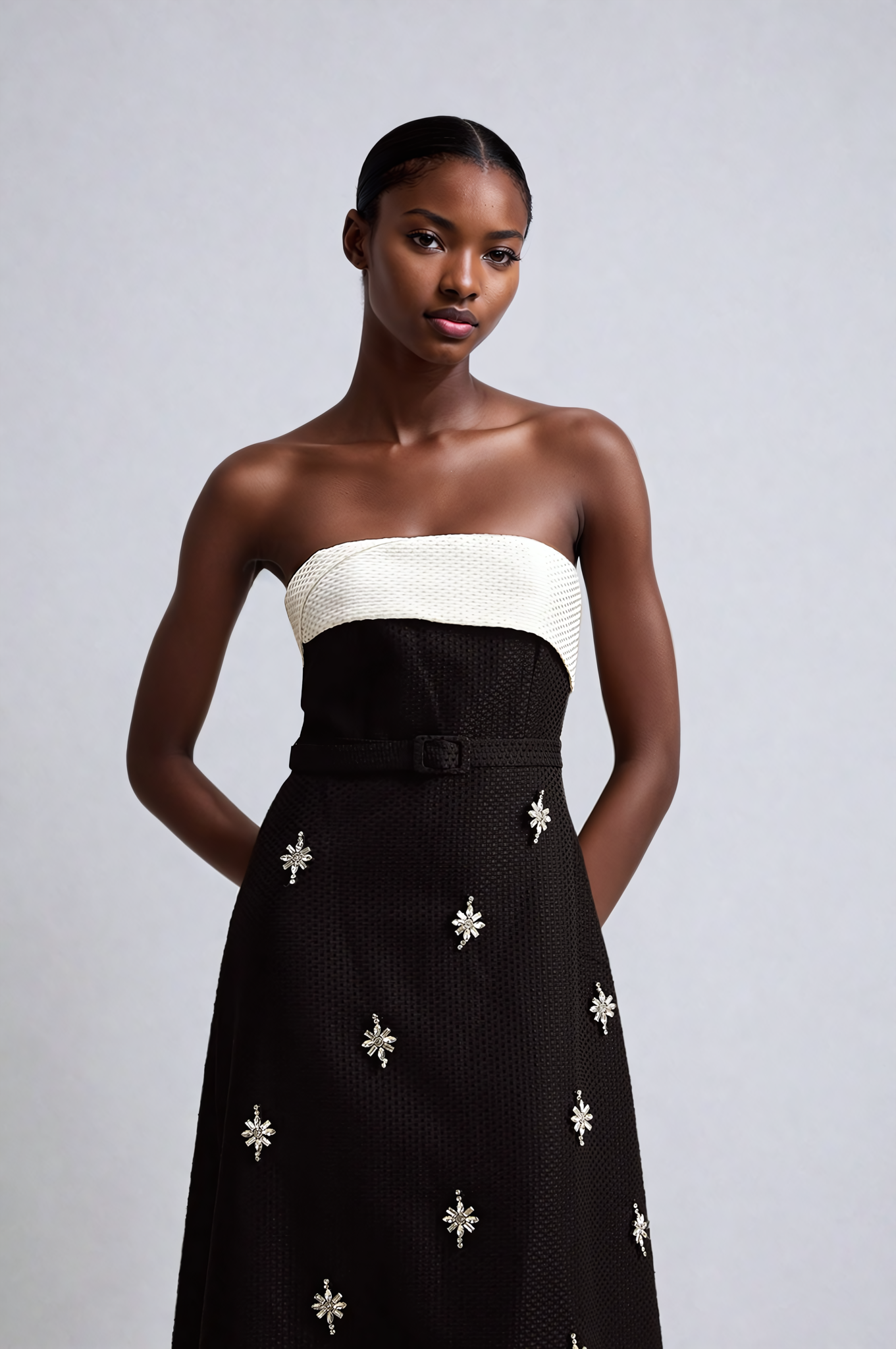 Strapless Embellished Belted Midi Dress