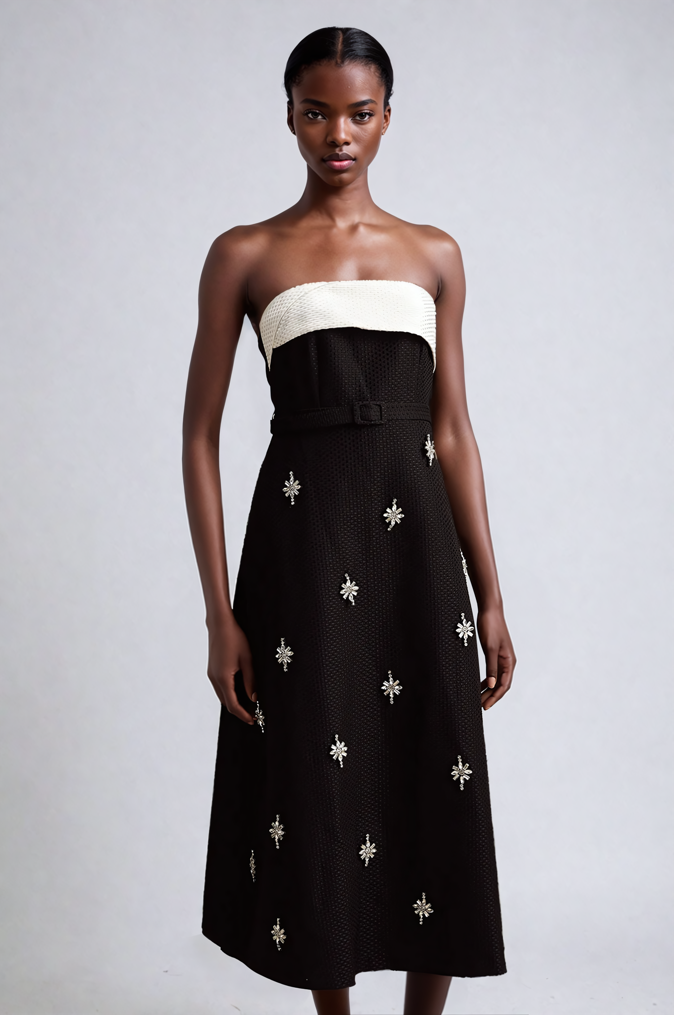 Strapless Embellished Belted Midi Dress