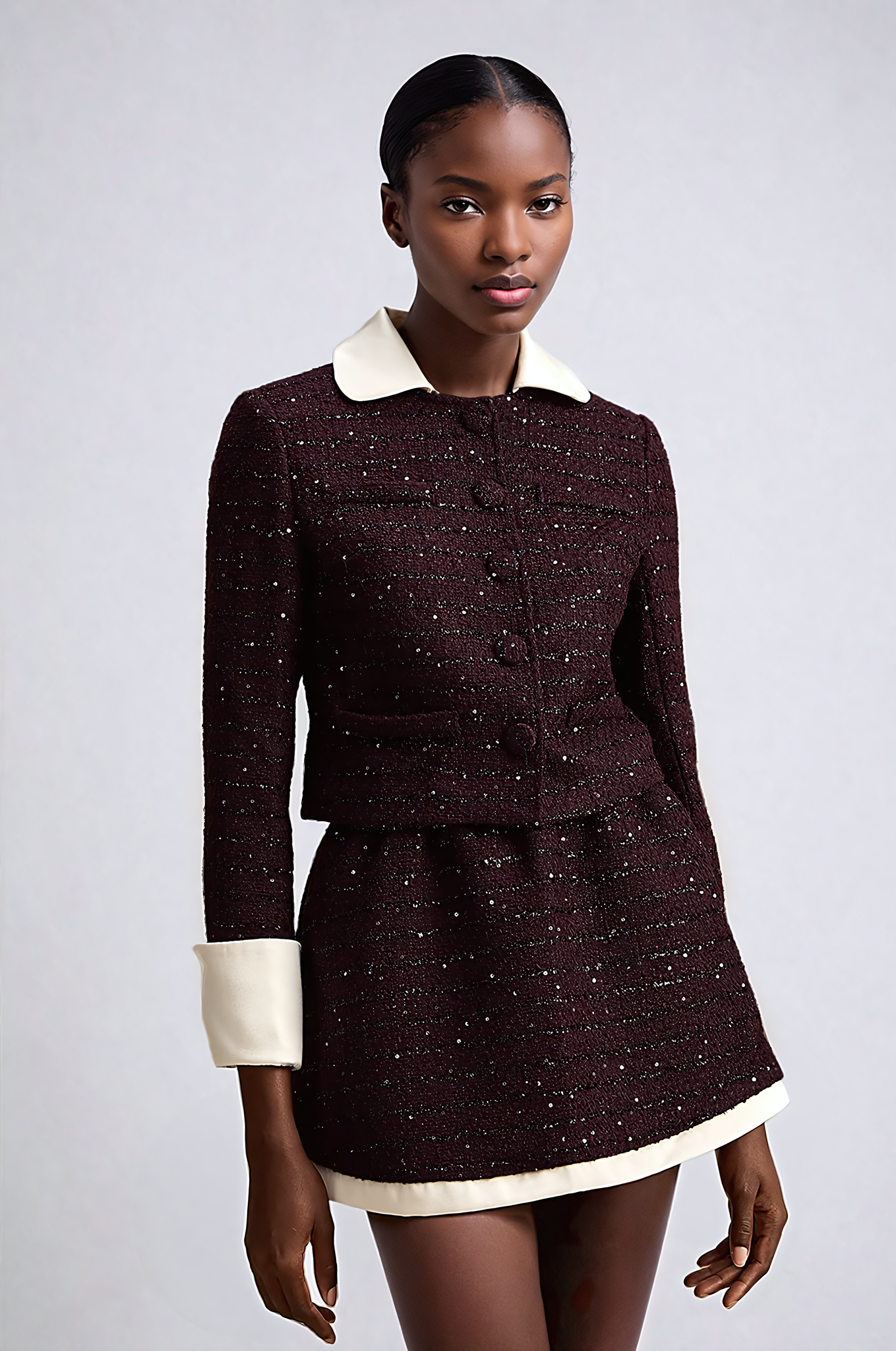 Purple Sequined Tweed Jacket & Skirt Matching Set