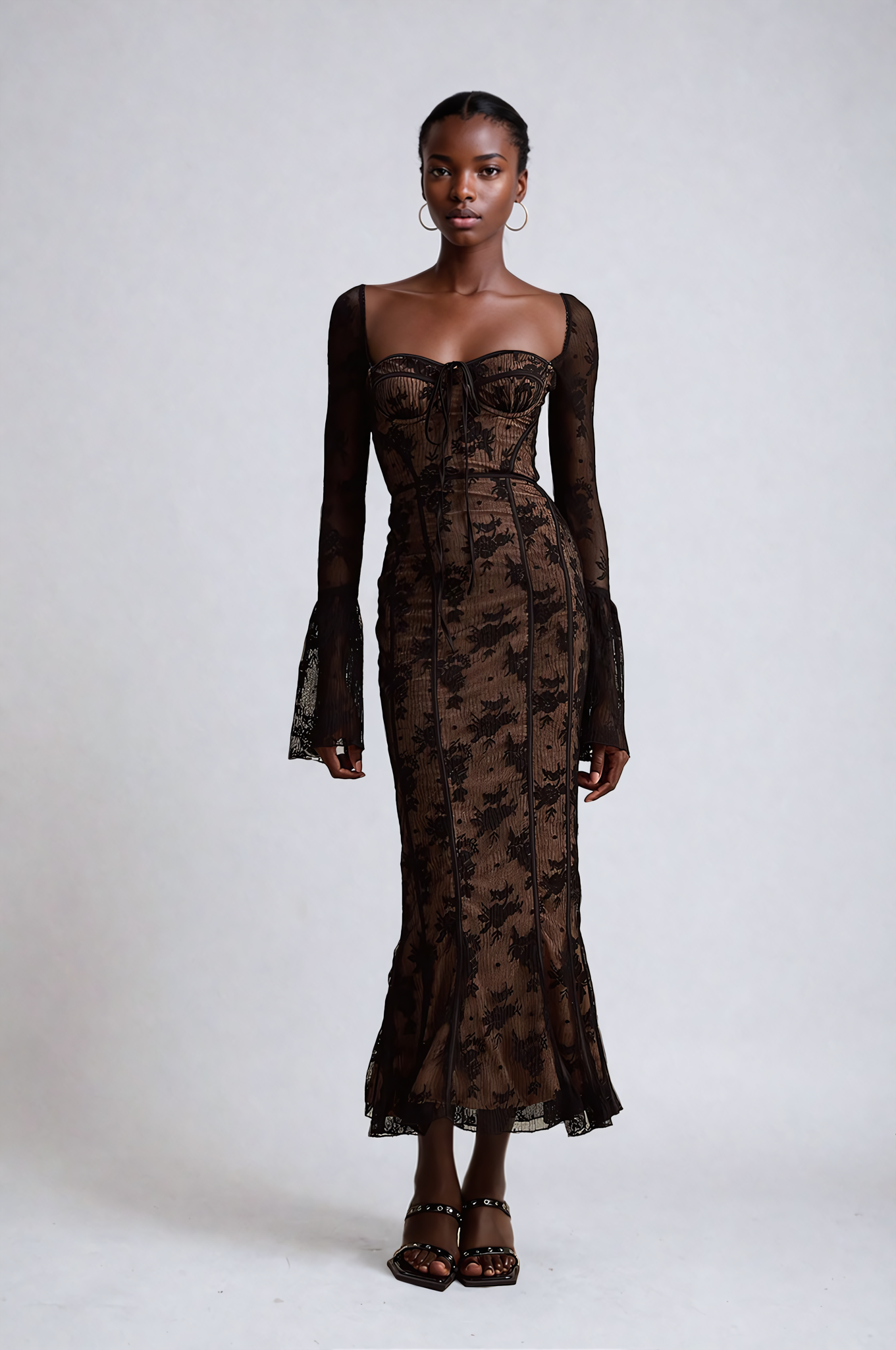 Flared Lace Maxi Dress in Black