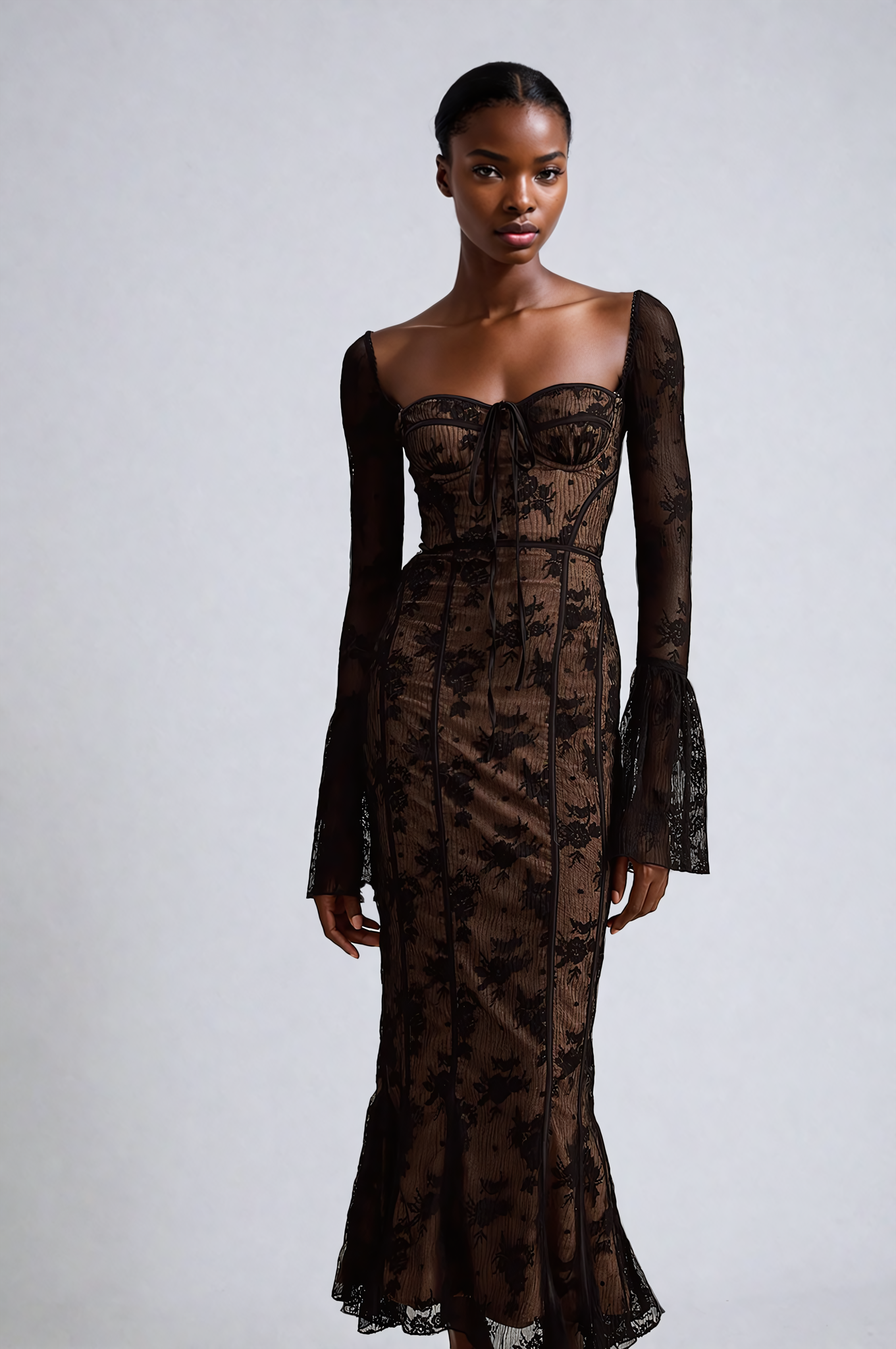 Flared Lace Maxi Dress in Black