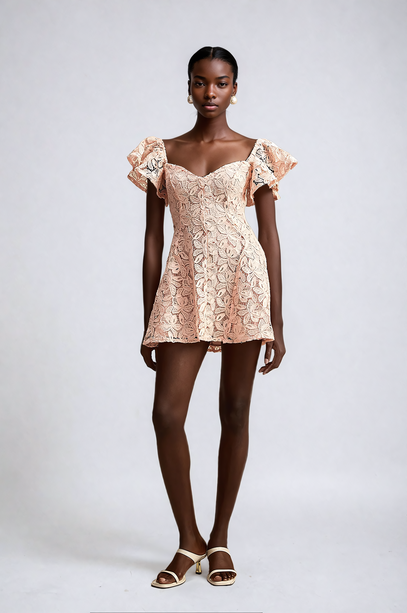 Pink Flutter-Sleeve Lace Mini Dress