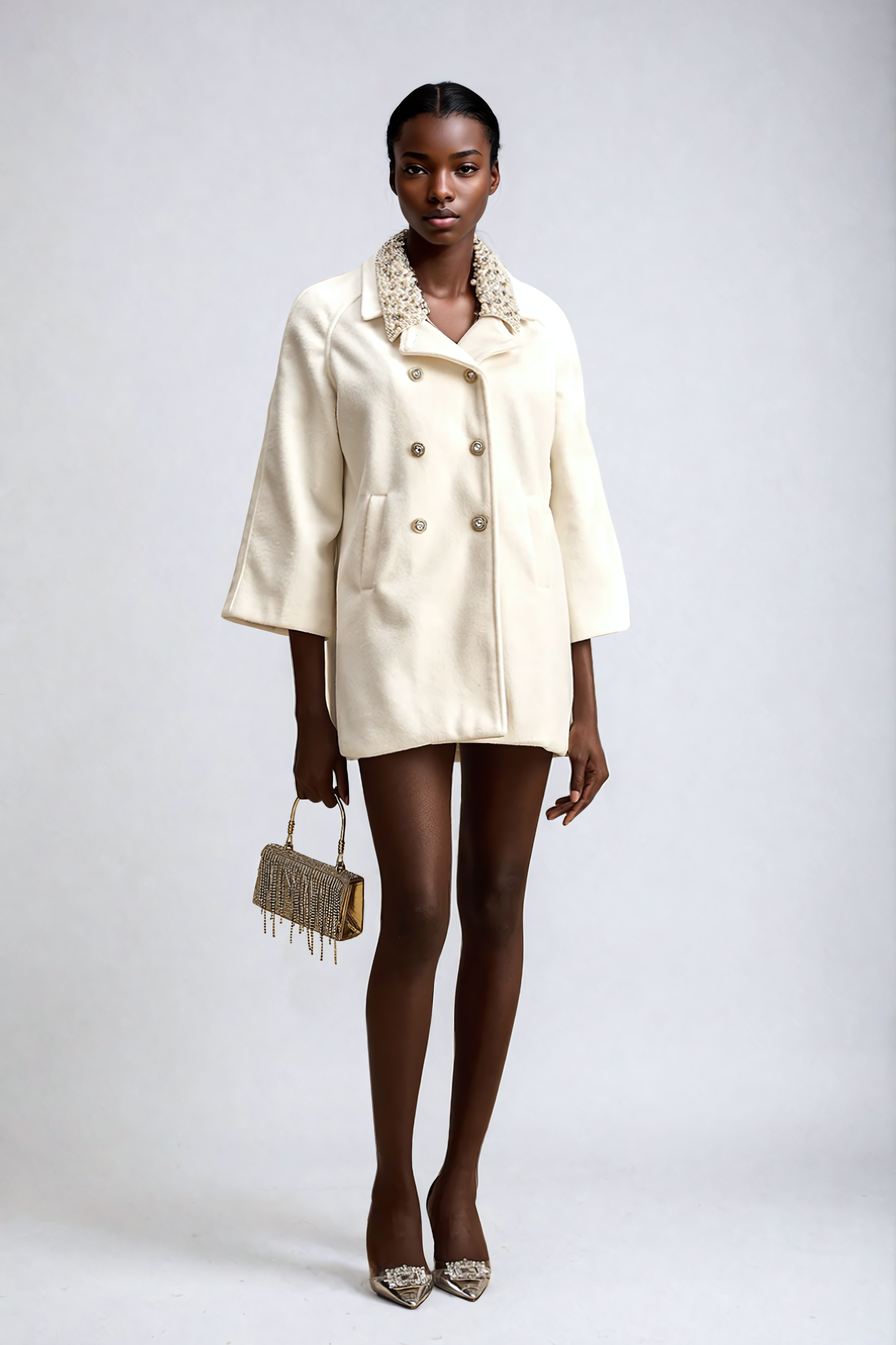 White Embellished Woolen Coat