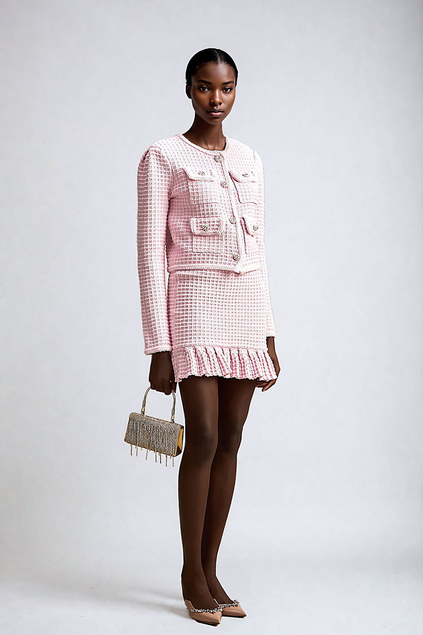 Pink Waffle-Knit Jacket & Skirt Matching Set