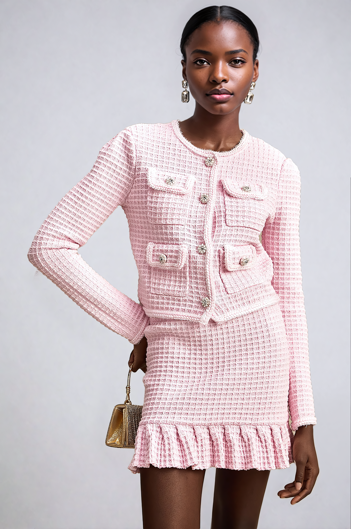 Pink Waffle-Knit Jacket & Skirt Matching Set