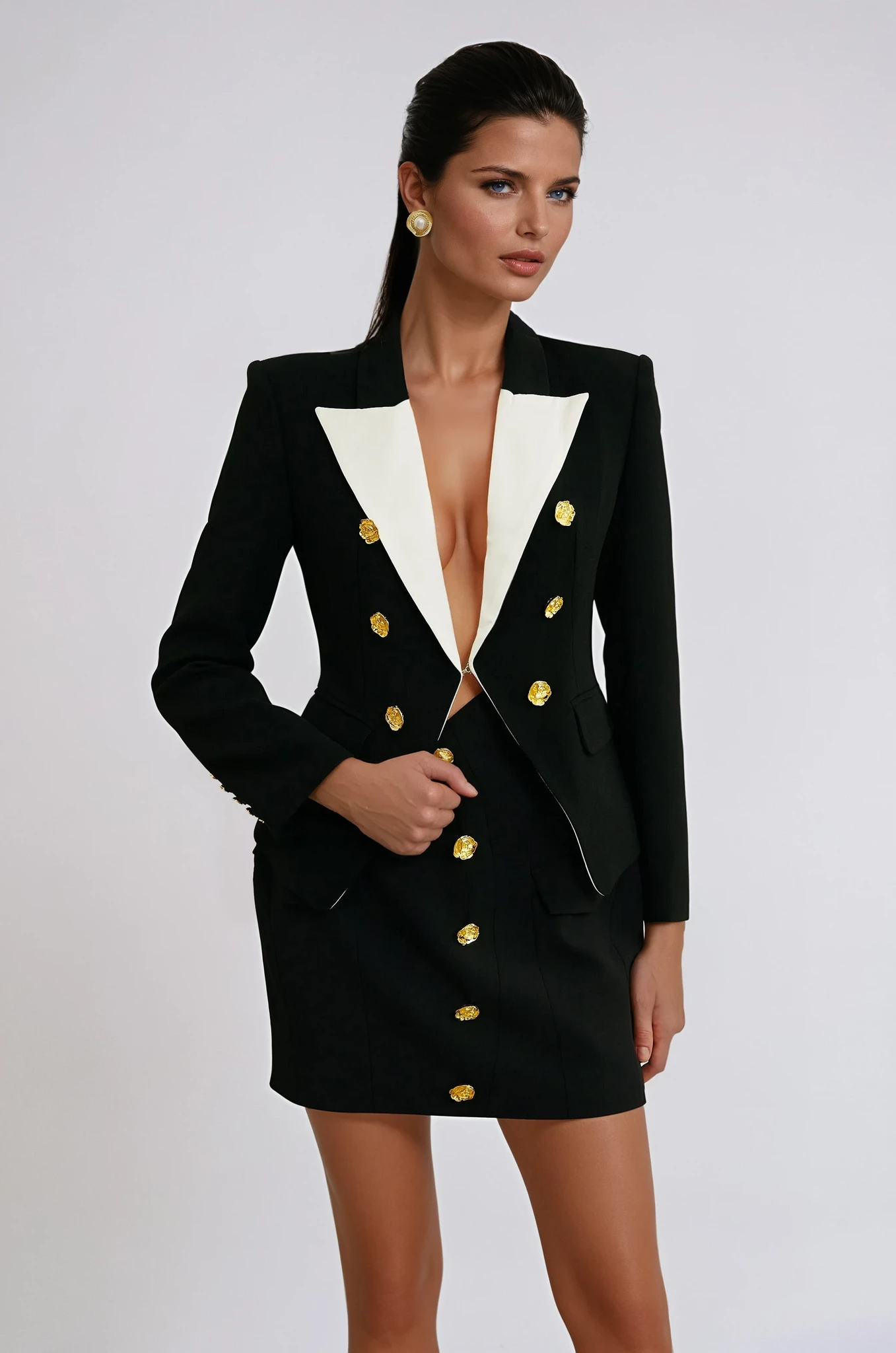 Black and White Contrast Blazer and Skirt Set