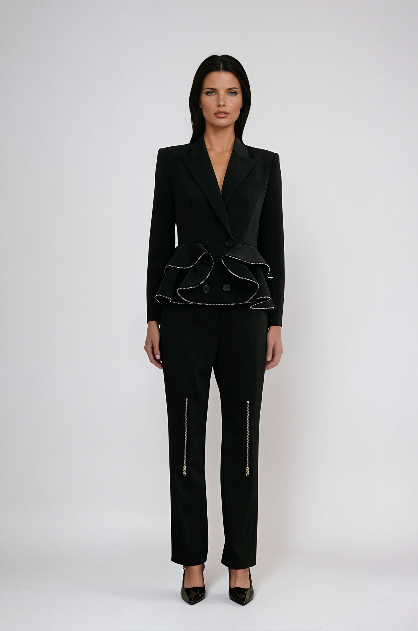 Black Matching Set with Zip-Detail Jacket and Trousers