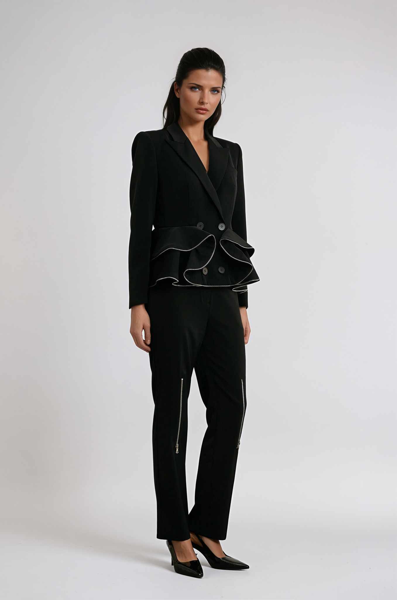 Black Matching Set with Zip-Detail Jacket and Trousers