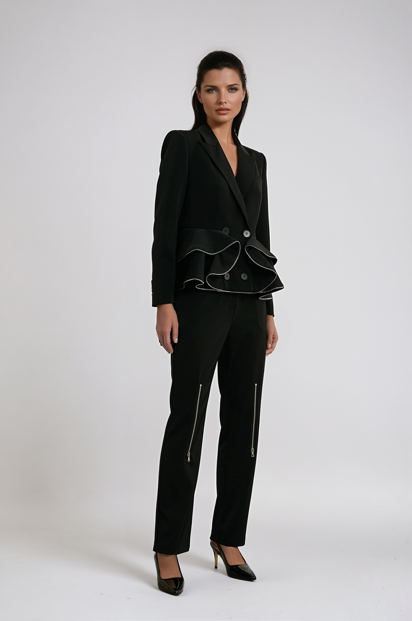 Black Matching Set with Zip-Detail Jacket and Trousers