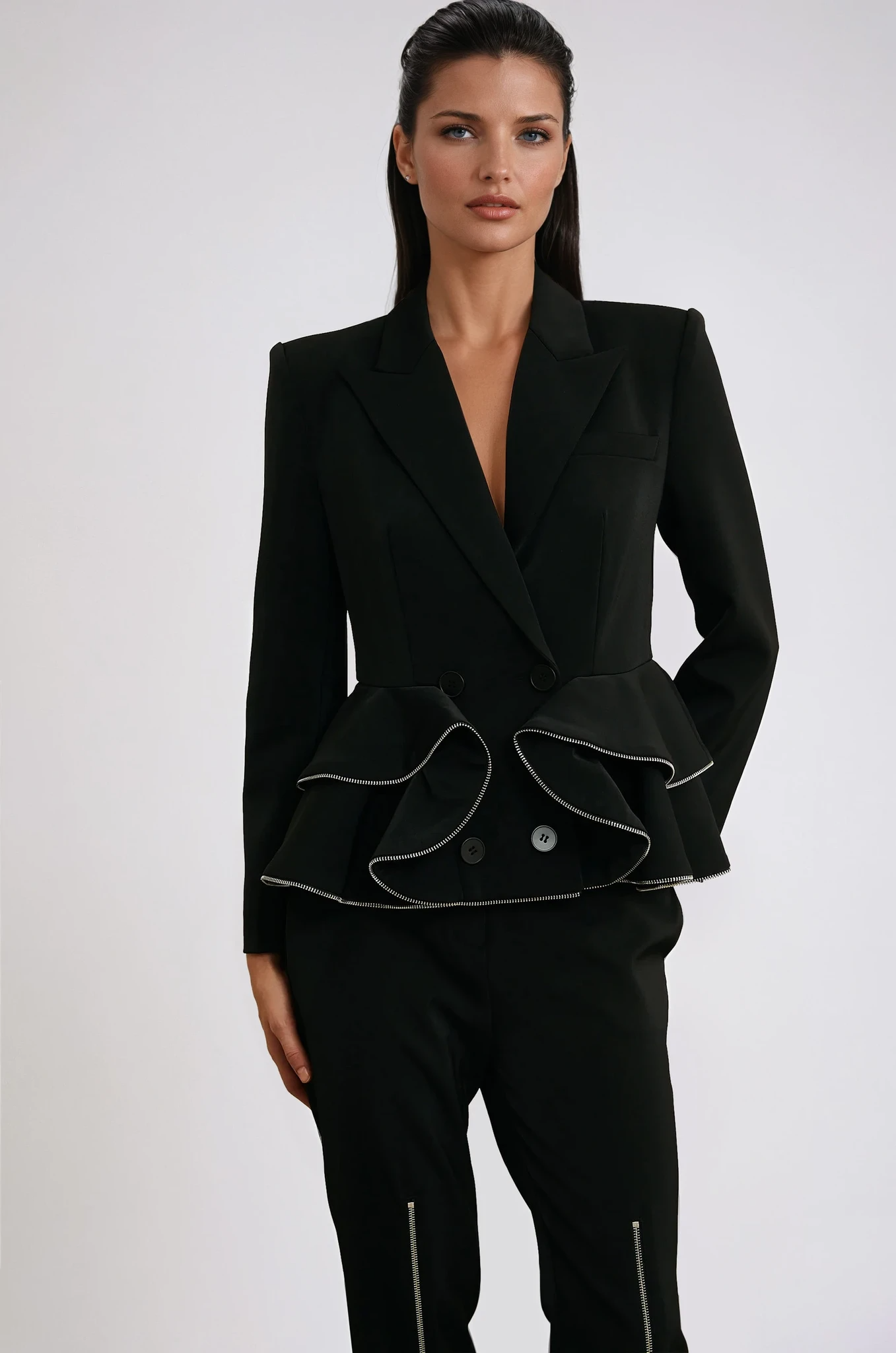 Black Matching Set with Zip-Detail Jacket and Trousers