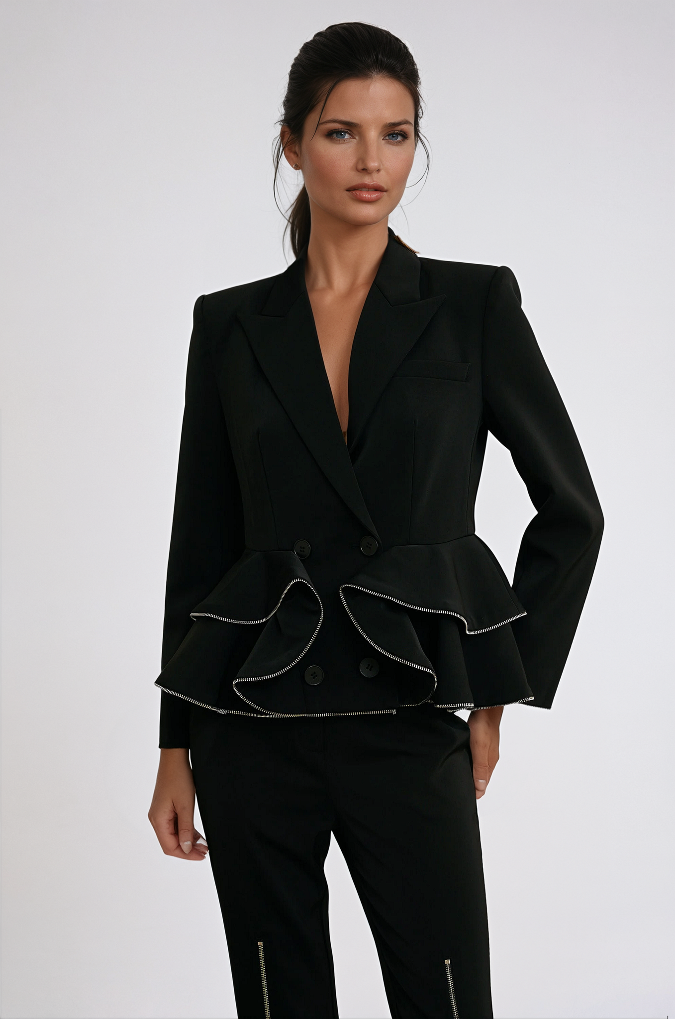 Black Matching Set with Zip-Detail Jacket and Trousers