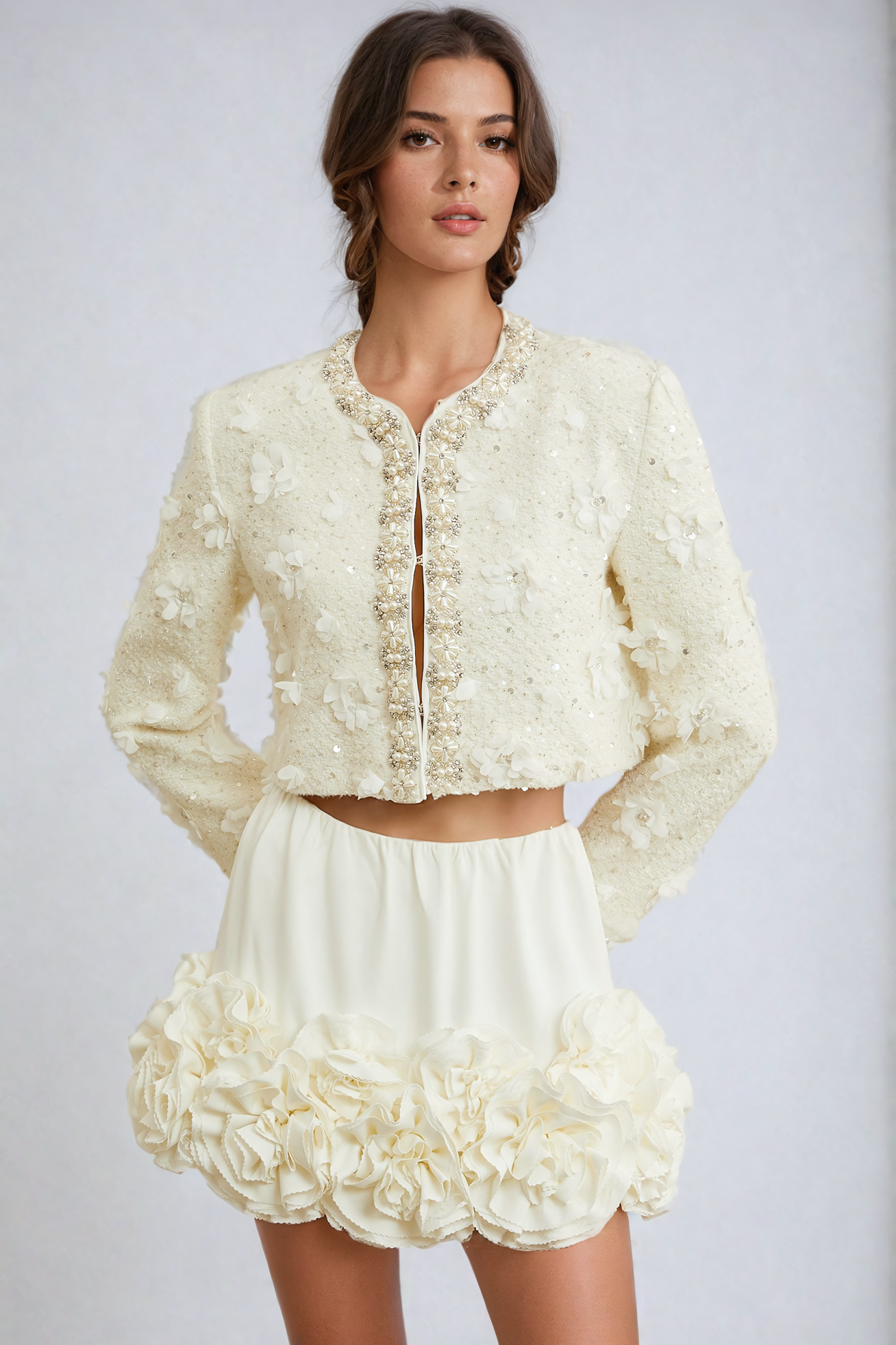 Floral Cropped Jacket with Ruffled Mini Skirt