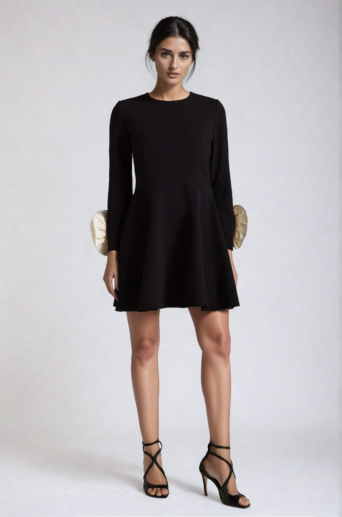 Black Long-Sleeve Mini Dress with Floral Cuff Accents