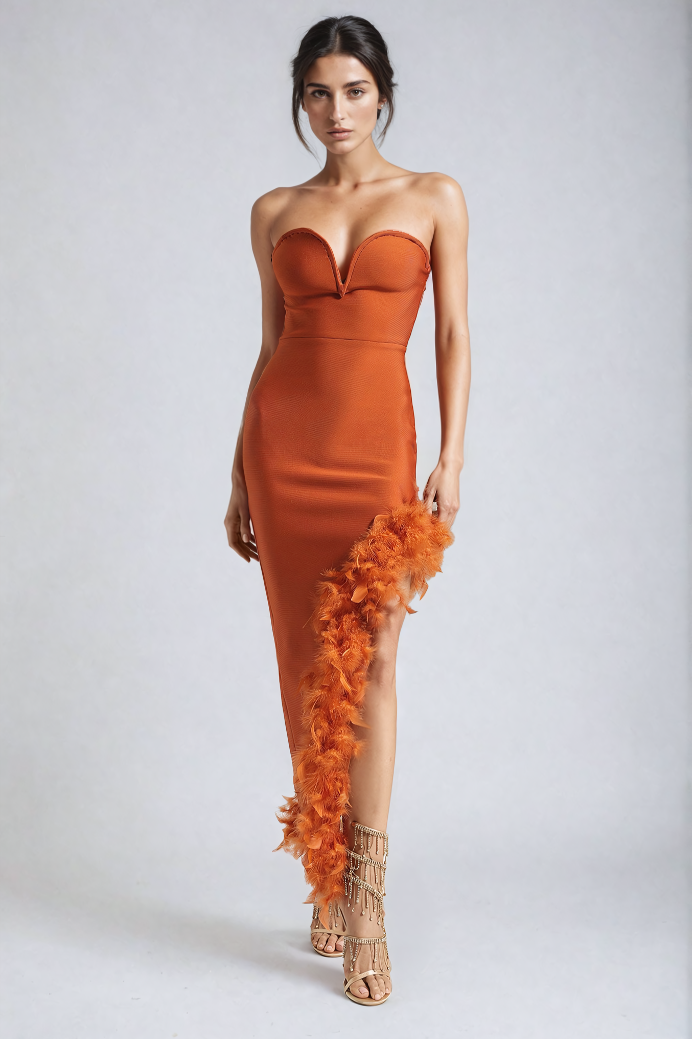 Strapless Bodycon Gown with Feathered Detail