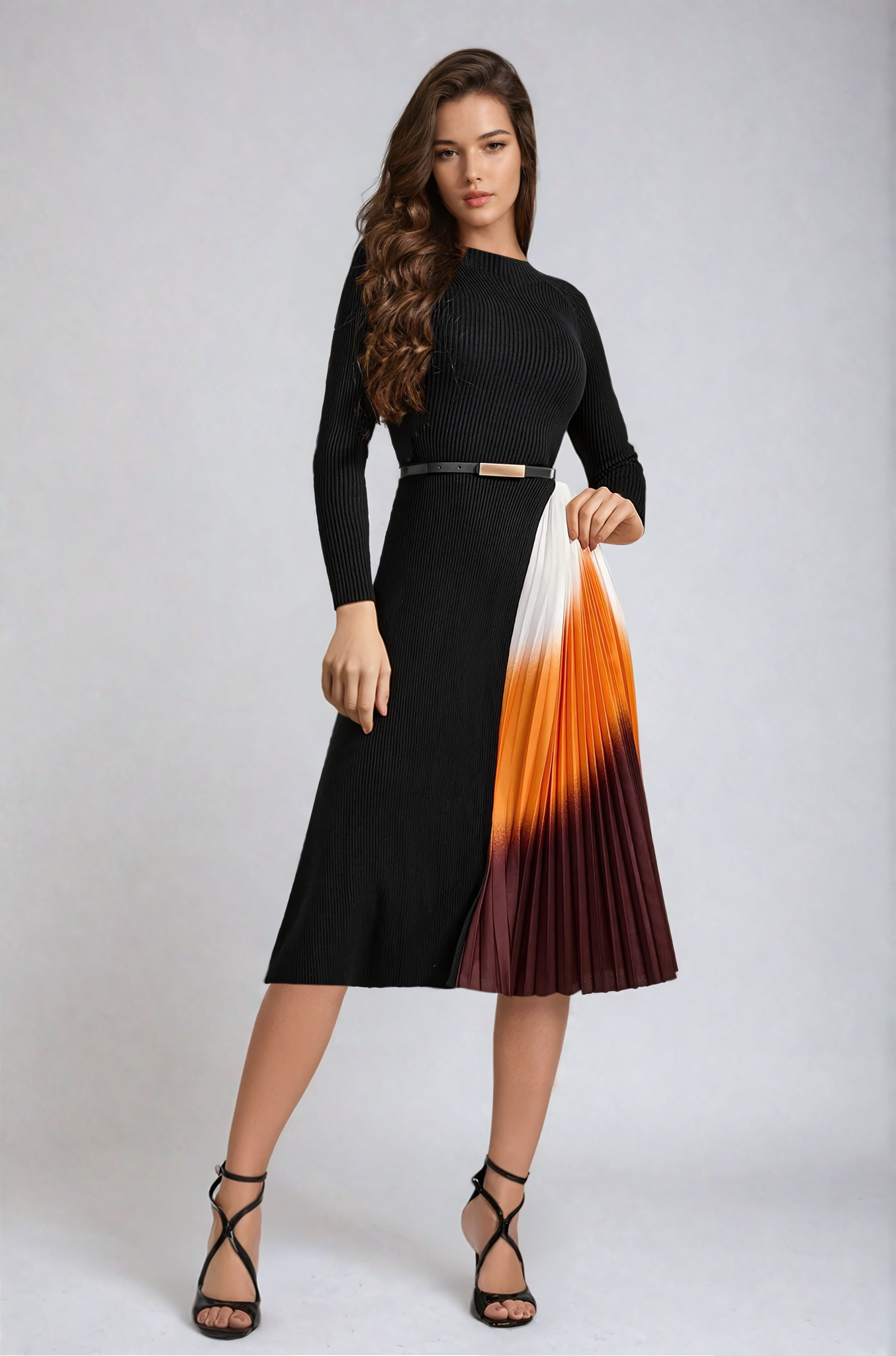 Gradient Patchwork Pleated Midi Dress