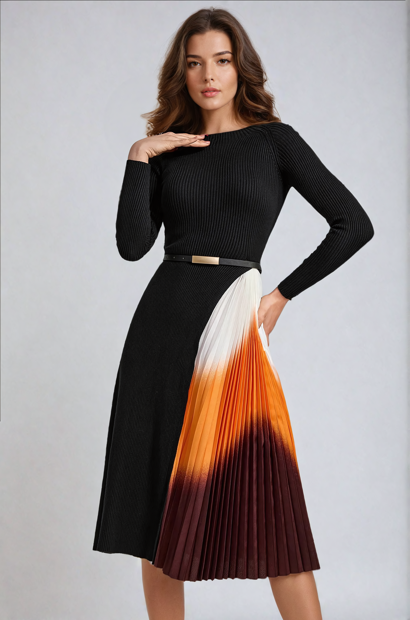 Gradient Patchwork Pleated Midi Dress