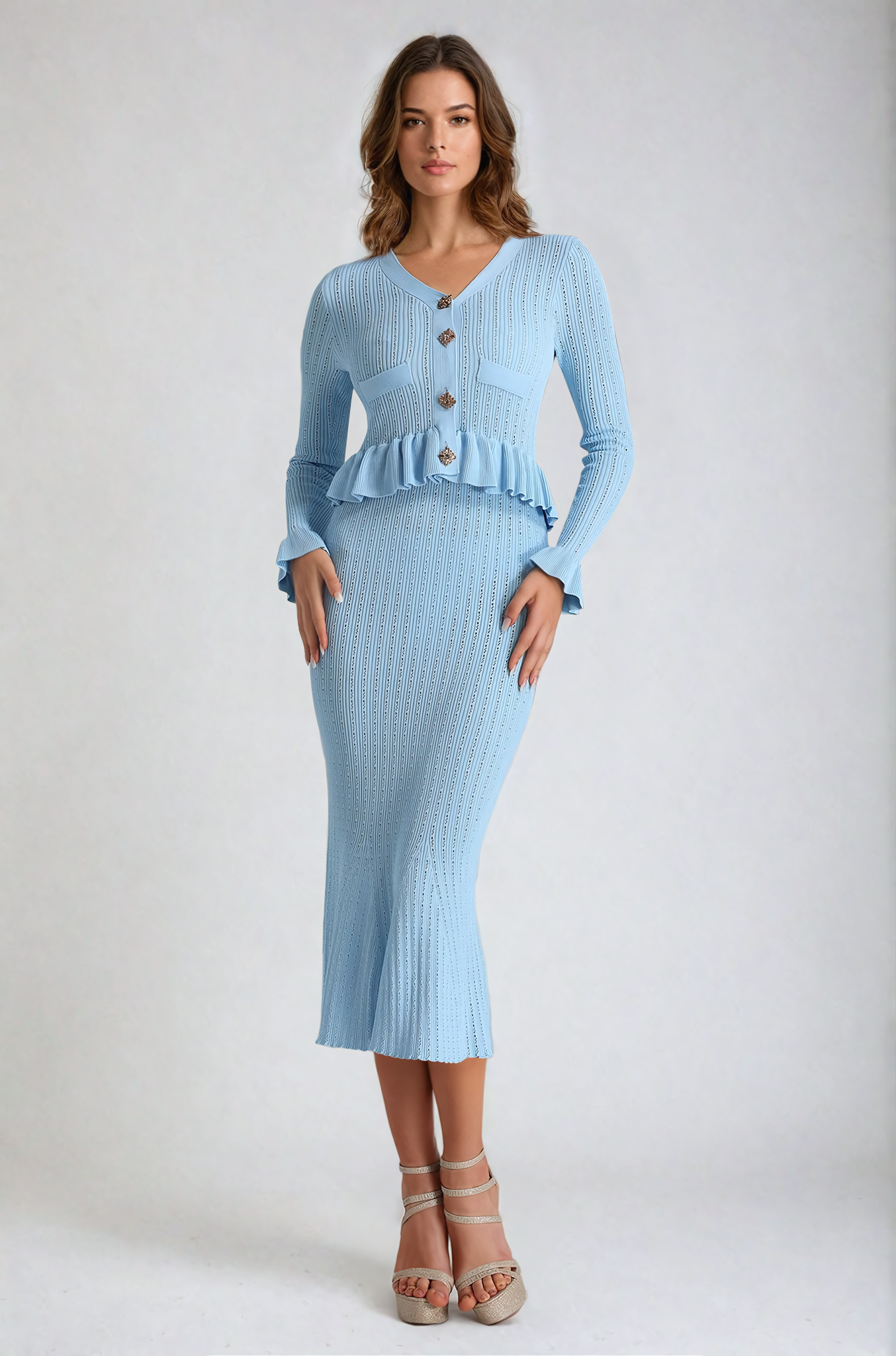 Blue Flared Knit Top & Skirt Set