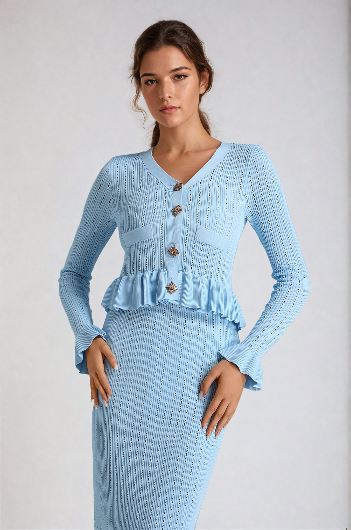 Blue Flared Knit Top & Skirt Set