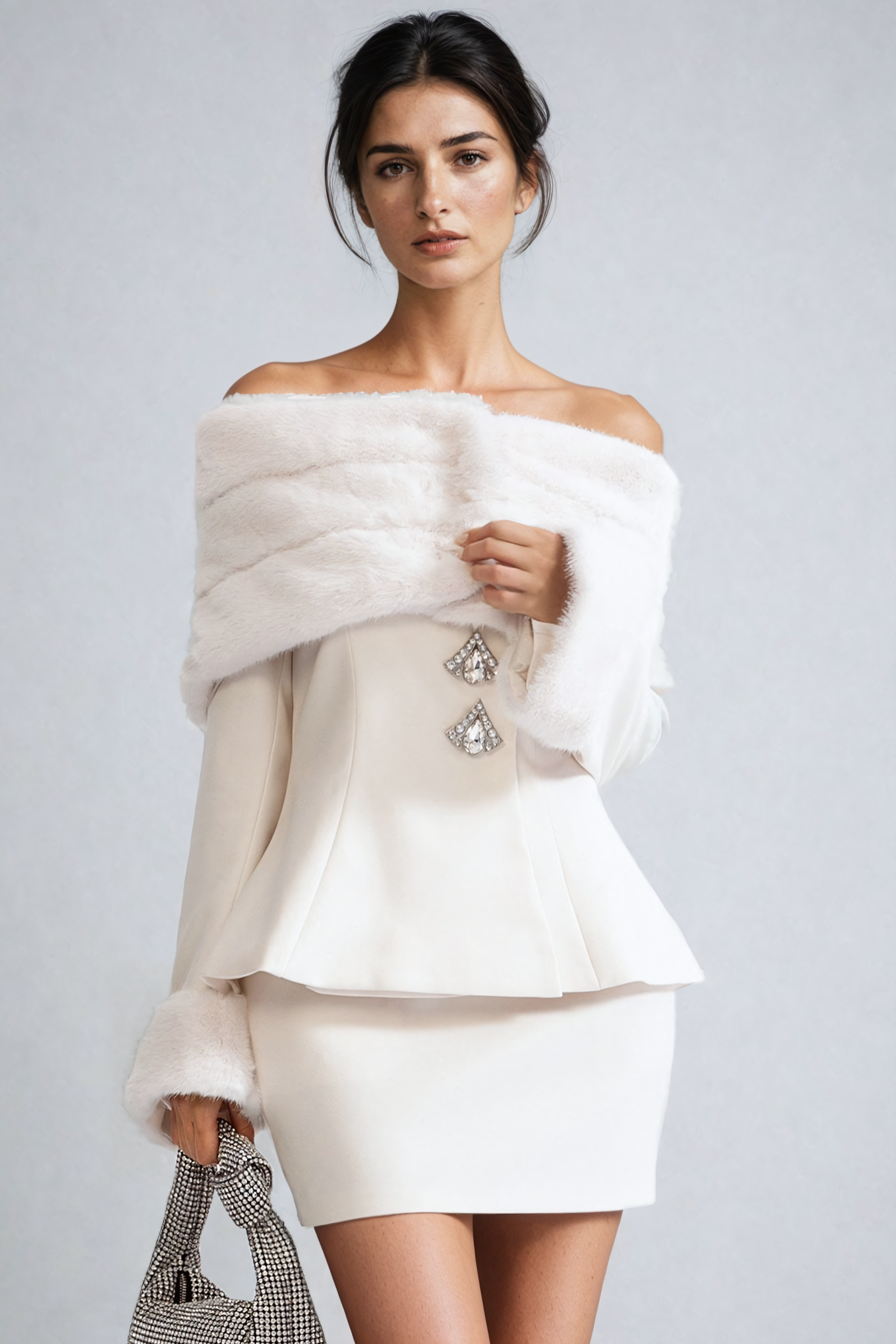 Ivory Off-Shoulder Faux Fur Wrap Jacket with Mini Skirt