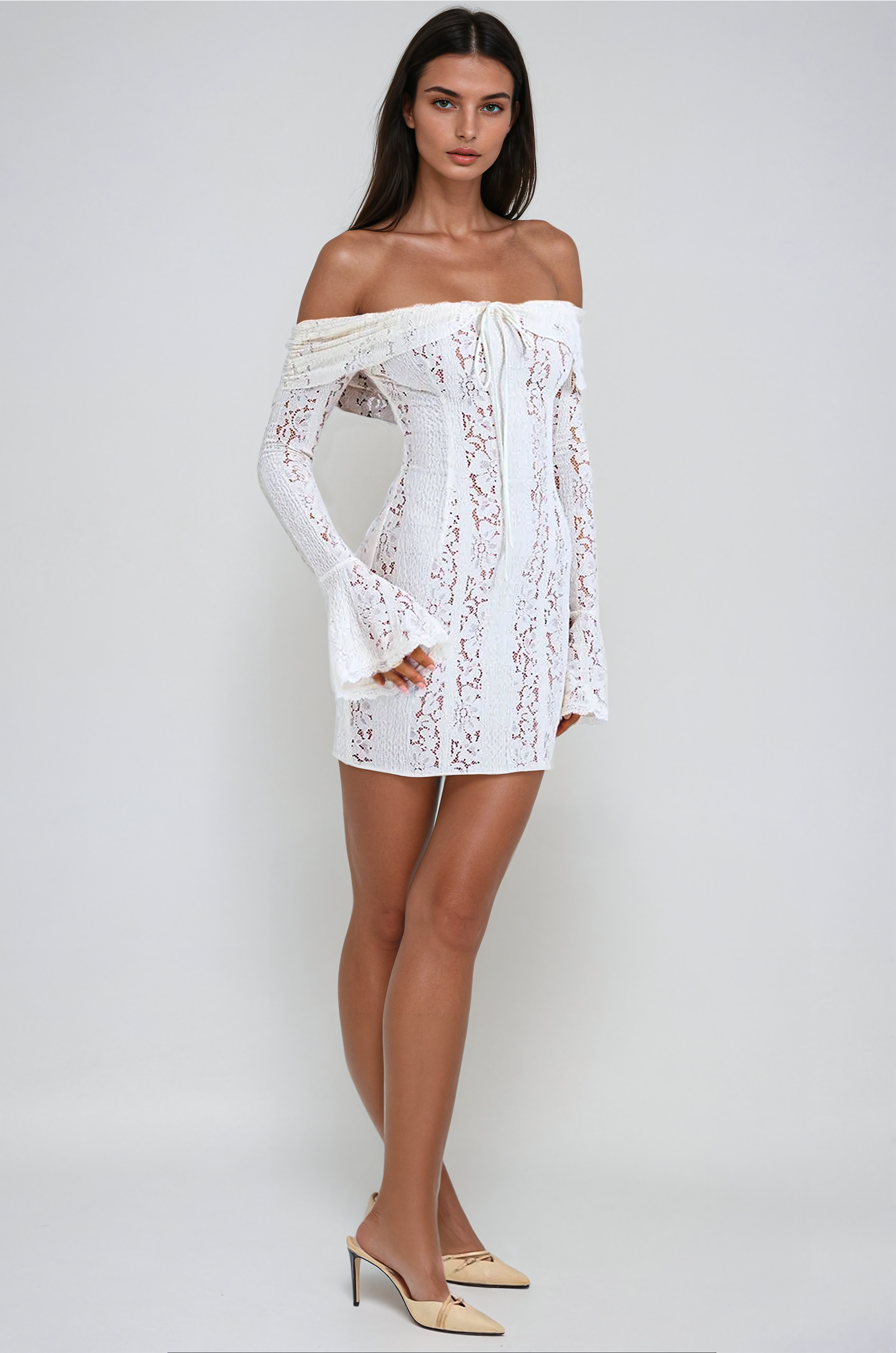 Vintage Cream Floral Lace Off Shoulder Mini Dress